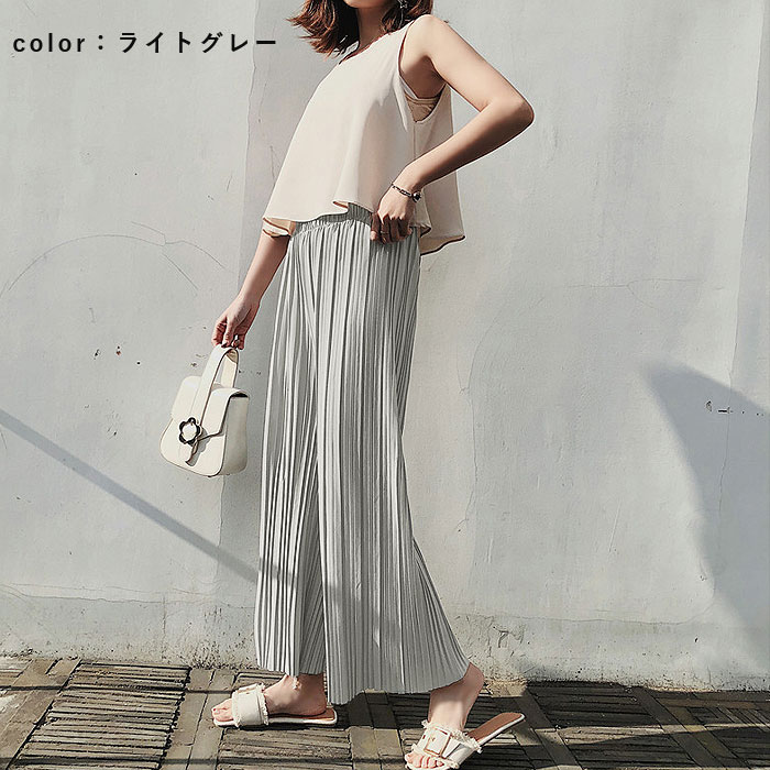 ワイドパンツ レディース プリーツパンツ 春 夏 黒 おしゃれ 楽ちん ゆったり ロング丈 ウエストゴム きれいめ[郵3]^b491^ | uricca | 08