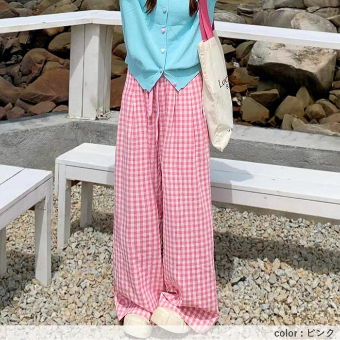 「1611円 クーポンで」 ボトムス レディース ストレートパンツ 春 夏 黒 おしゃれ チェック柄 ウエストゴム ポケット付 ゆったり 大きいサイズ[郵3]^b495^ | uricca | 12