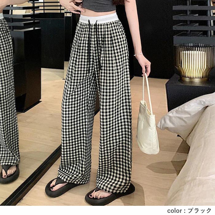 「1611円 クーポンで」 ボトムス レディース ストレートパンツ 春 夏 黒 おしゃれ チェック柄 ウエストゴム ポケット付 ゆったり 大きいサイズ[郵3]^b495^ | uricca | 15