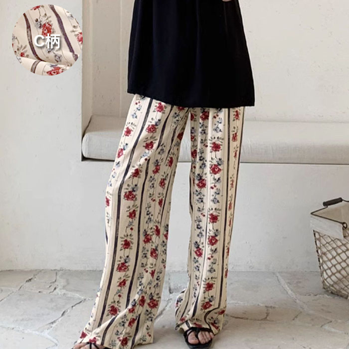 ボトムス レディース ワイドパンツ 春 夏 黒 おしゃれ 総柄 花柄 無地 ウエストゴム リボン付 涼しい ゆったり[郵1]^b499^ | uricca | 22