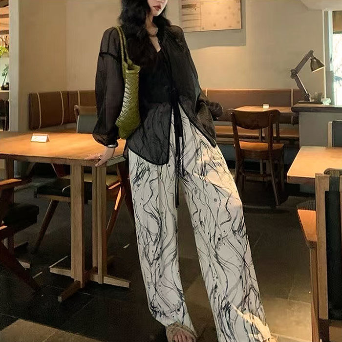 ボトムス レディース ワイドパンツ 春 夏 黒 おしゃれ 総柄 花柄 無地 ウエストゴム リボン付 涼しい ゆったり[郵1]^b499^ | uricca | 04