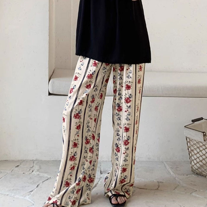 ボトムス レディース ワイドパンツ 春 夏 黒 おしゃれ 総柄 花柄 無地 ウエストゴム リボン付 涼しい ゆったり[郵1]^b499^ | uricca | 05