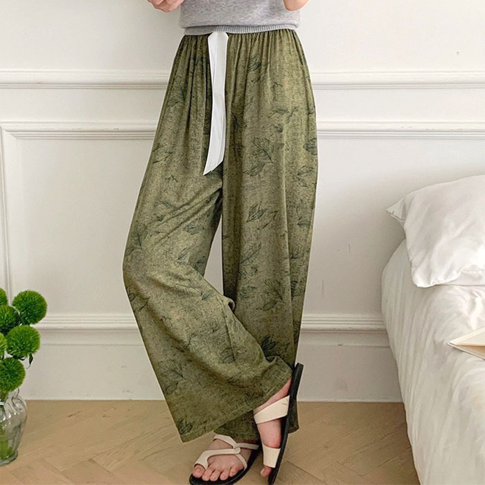 ボトムス レディース ワイドパンツ 春 夏 黒 おしゃれ 総柄 花柄 無地 ウエストゴム リボン付 涼しい ゆったり[郵1]^b499^ | uricca | 06