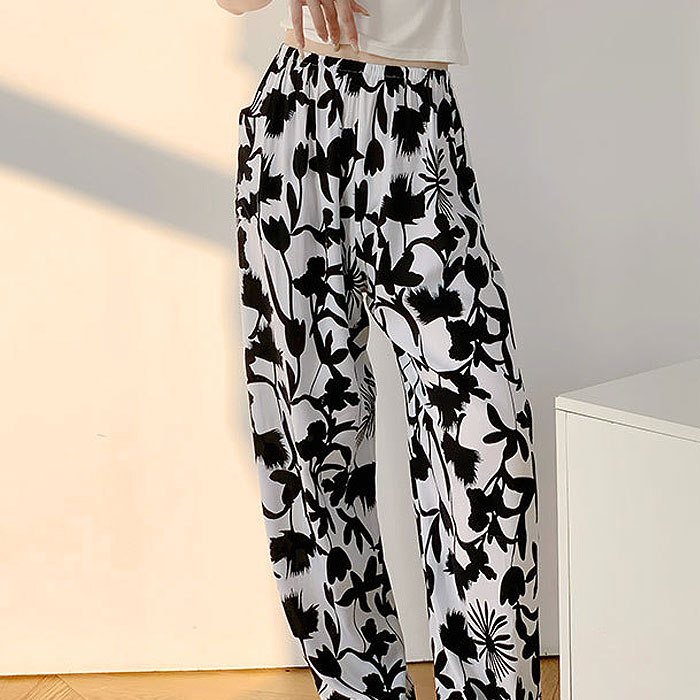 ボトムス レディース ワイドパンツ 春 夏 黒 おしゃれ 総柄 花柄 無地 ウエストゴム リボン付 涼しい ゆったり[郵1]^b499^ | uricca | 10
