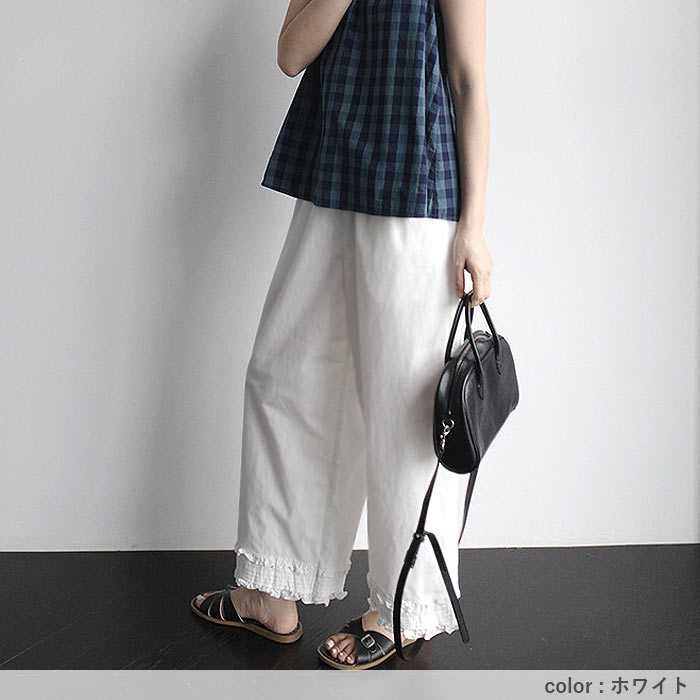 ボトムス レディース ワイドパンツ パンツ フリルパンツ 9分丈 ウエストゴム ポケット 春 夏 白 黒 おしゃれ[郵2]^b501^ | uricca | 11