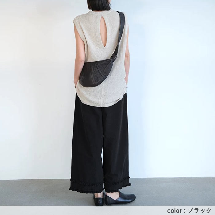 ボトムス レディース ワイドパンツ パンツ フリルパンツ 9分丈 ウエストゴム ポケット 春 夏 白 黒 おしゃれ[郵2]^b501^ | uricca | 08