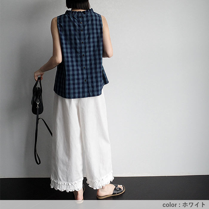 ボトムス レディース ワイドパンツ パンツ フリルパンツ 9分丈 ウエストゴム ポケット 春 夏 白 黒 おしゃれ[郵2]^b501^ | uricca | 10