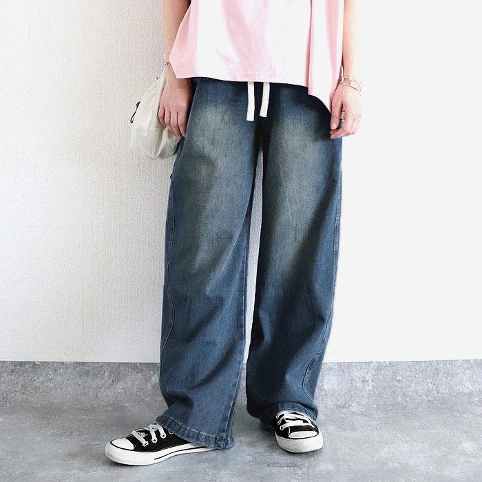 「96H限定！2392円 クーポンで」 デニム ジーンズ パンツ ワイドパンツ レディース 春 夏 黒 おしゃれ ウエストゴム 大きいサイズ ロング ジーパン [郵3]^b502^ | uricca | 02