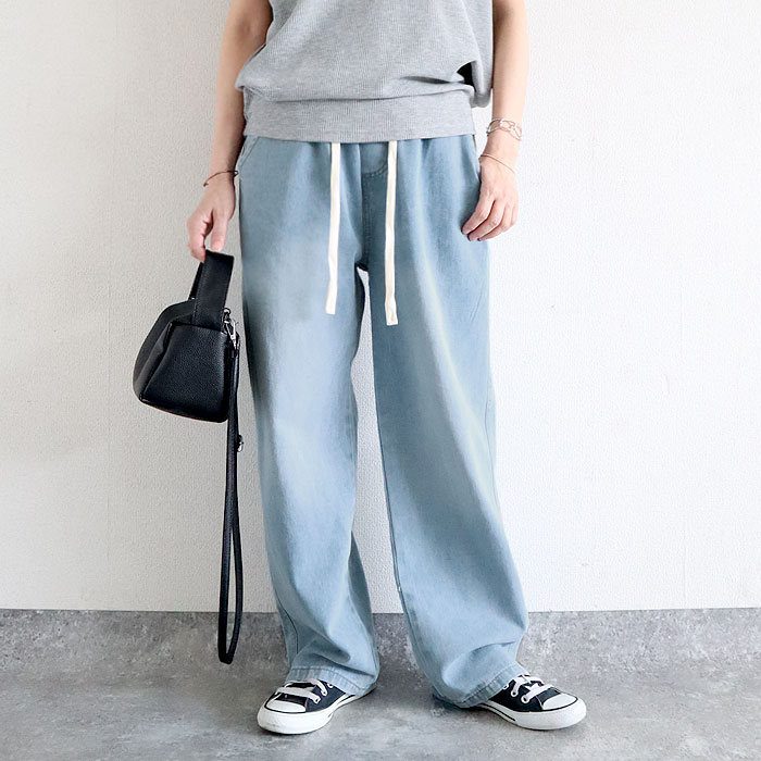 「96H限定！2392円 クーポンで」 デニム ジーンズ パンツ ワイドパンツ レディース 春 夏 黒 おしゃれ ウエストゴム 大きいサイズ ロング ジーパン [郵3]^b502^ | uricca | 01