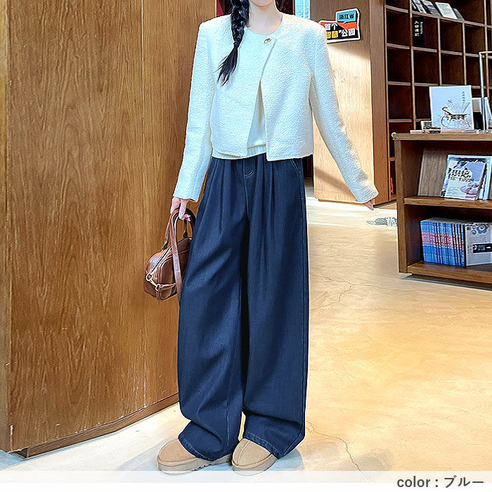 ボトムス レディース ワイドパンツ タック 秋 冬 白 黒 おしゃれ ウエストゴム ポケット デニム ゆったり 裏起毛 極暖[郵3]^b509^ | uricca | 13