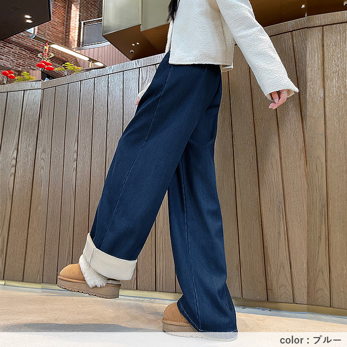 ボトムス レディース ワイドパンツ タック 秋 冬 白 黒 おしゃれ ウエストゴム ポケット デニム ゆったり 裏起毛 極暖[郵3]^b509^ | uricca | 15