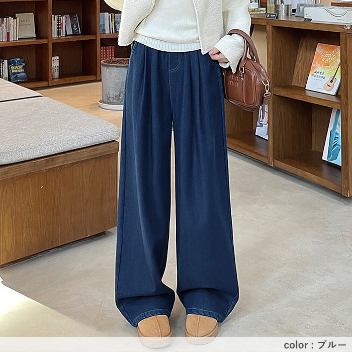 ボトムス レディース ワイドパンツ タック 秋 冬 白 黒 おしゃれ ウエストゴム ポケット デニム ゆったり 裏起毛 極暖[郵3]^b509^ | uricca | 16