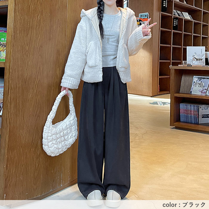 ボトムス レディース ワイドパンツ タック 秋 冬 白 黒 おしゃれ ウエストゴム ポケット デニム ゆったり 裏起毛 極暖[郵3]^b509^ | uricca | 22