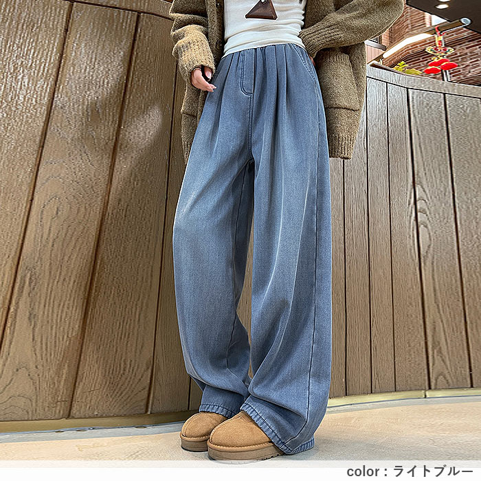 ボトムス レディース ワイドパンツ タック 秋 冬 白 黒 おしゃれ ウエストゴム ポケット デニム ゆったり 裏起毛 極暖[郵3]^b509^ | uricca | 09