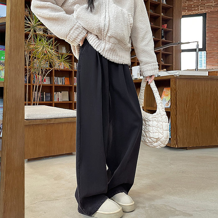 ボトムス レディース ワイドパンツ タック 秋 冬 白 黒 おしゃれ ウエストゴム ポケット デニム ゆったり 裏起毛 極暖[郵3]^b509^ | uricca | 03