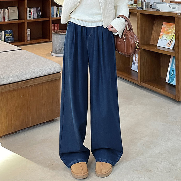 ボトムス レディース ワイドパンツ タック 秋 冬 白 黒 おしゃれ ウエストゴム ポケット デニム ゆったり 裏起毛 極暖[郵3]^b509^ | uricca | 02