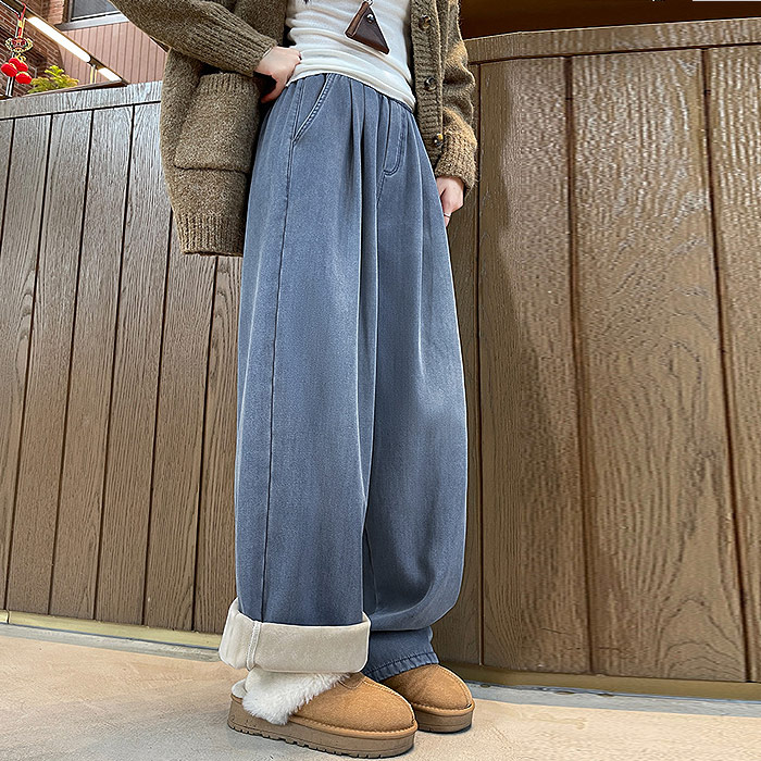 ボトムス レディース ワイドパンツ タック 秋 冬 白 黒 おしゃれ ウエストゴム ポケット デニム ゆったり 裏起毛 極暖[郵3]^b509^ | uricca | 01