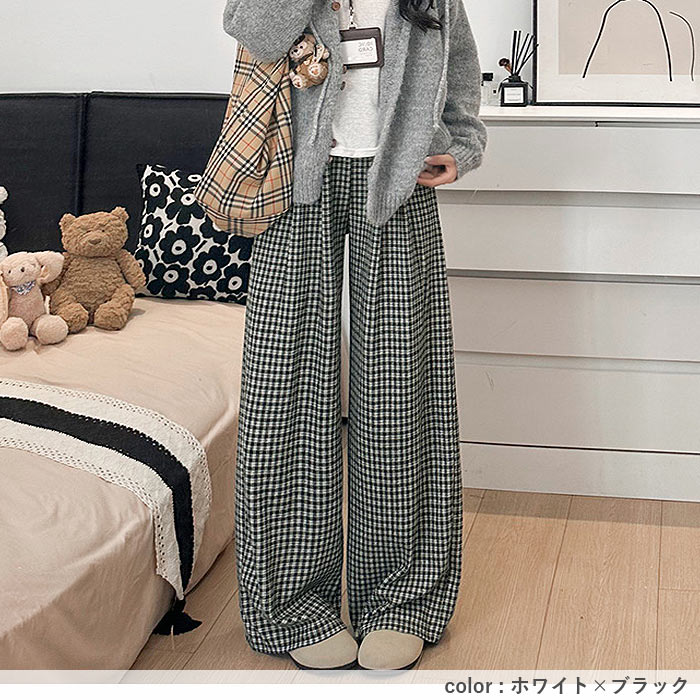 2691円 クーポンで！ ボトムス レディース ワイドパンツ フランネル チェック柄 冬 黒 白  裏起毛 極暖 あったか おしゃれ かわいい カジュアル [郵3]^b519^ | uricca | 18