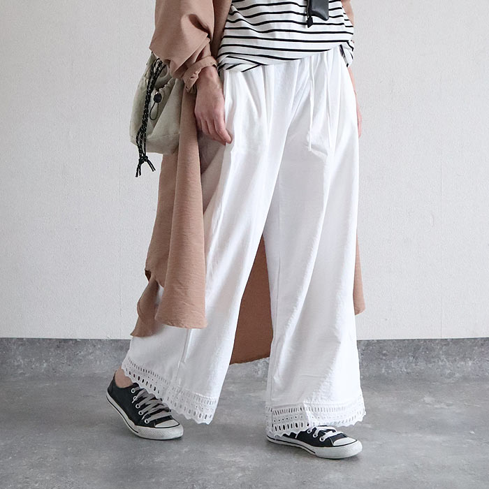 ボトムス レディース パンツ ワイドパンツ ぺチパンツ イージーパンツ 裾レース レイヤード 重ね着 黒 白 春 夏 秋 おしゃれ[郵2]^b520^ | uricca | 02