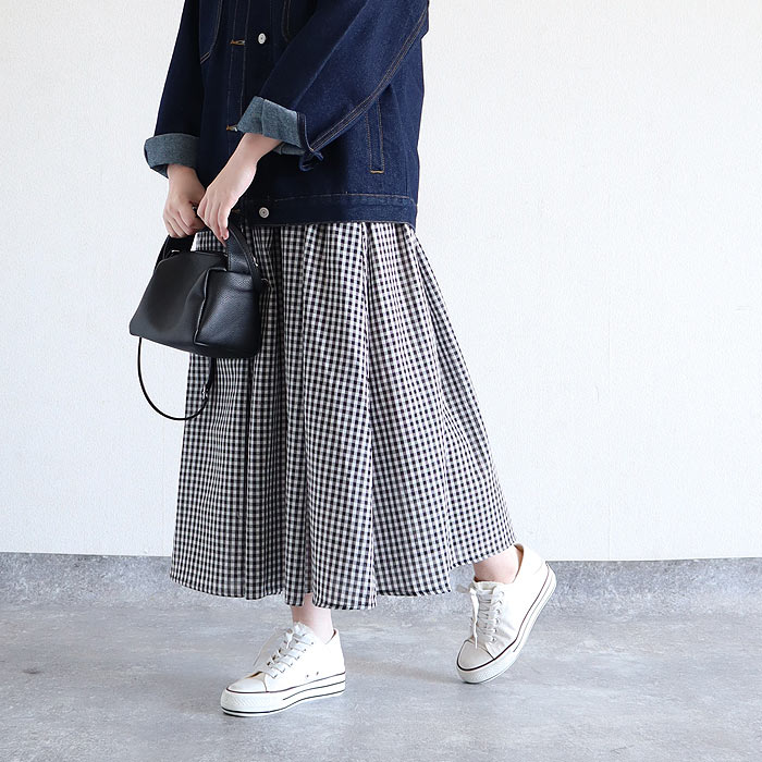 フレア スカート ギャザースカート レディース 春 夏 黒 白 ロング マキシ丈 ウエストゴム おしゃれ かわいい チェック 柄 [郵3]^b522^ | uricca | 05
