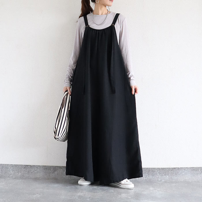 サロペット レディース ボトムス パンツ 大きめ ゆったり 麻っぽ 綿混 コットン混 春 夏 黒 おしゃれ [郵3]^b525^ | uricca | 01