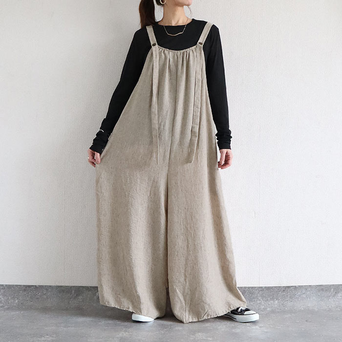 サロペット レディース ボトムス パンツ 大きめ ゆったり 麻っぽ 綿混 コットン混 春 夏 黒 おしゃれ [郵3]^b525^ | uricca | 02