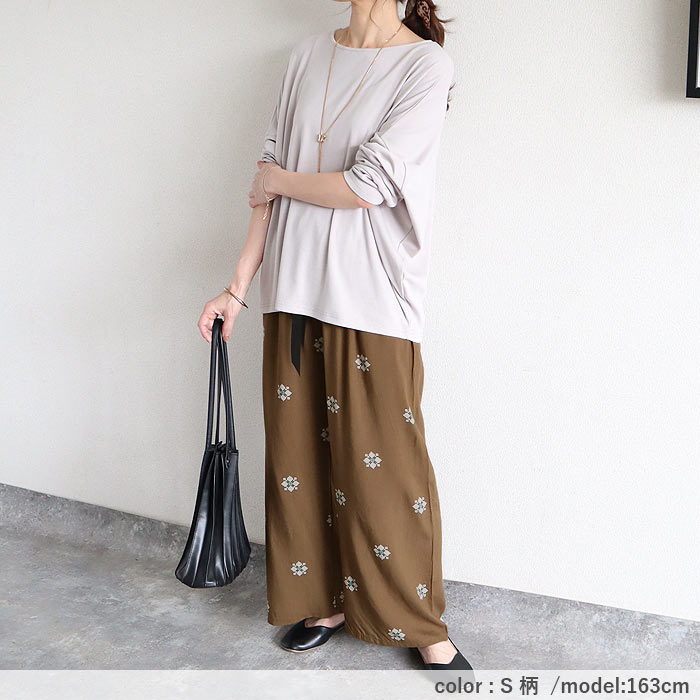 パンツ レディース ワイドパンツ イージーパンツ ボトムス リボン付き ウエストゴム 涼しい 総柄 花柄 無地 春 夏 黒 白 おしゃれ^b526^ | uricca | 38