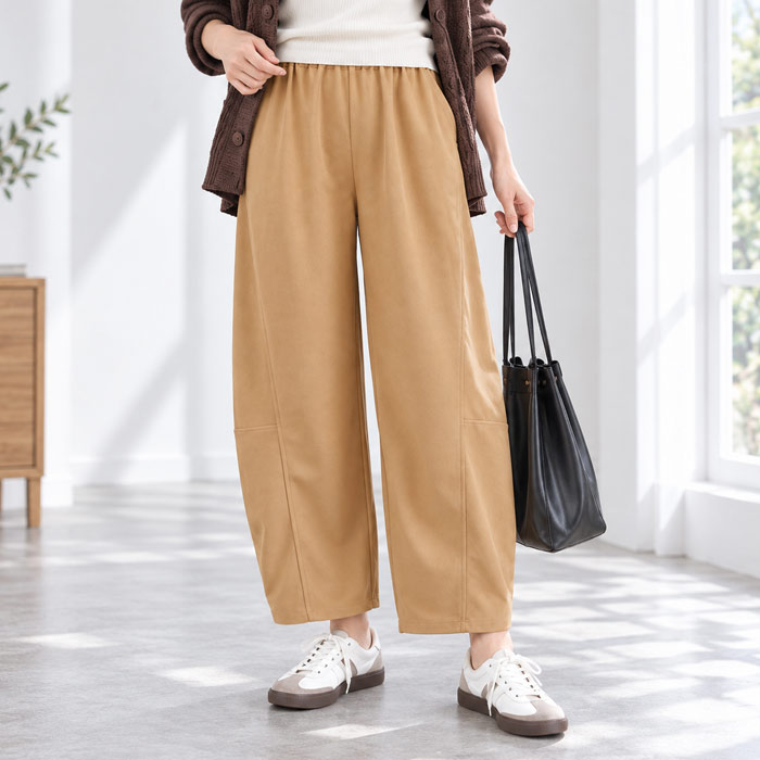 カーブパンツ バレルパンツ レディース ジョーゼット ウエストゴム 秋 冬 通年 黒 無地 低身長 高身長 ゆったり ポケット ボトムス ^b534^ | uricca | 09