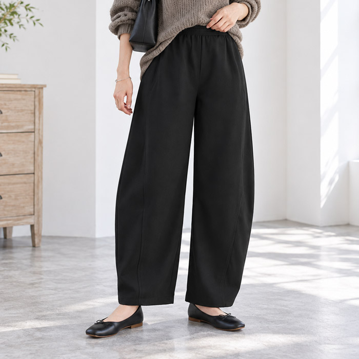 カーブパンツ バレルパンツ レディース ジョーゼット ウエストゴム 秋 冬 通年 黒 無地 低身長 高身長 ゆったり ポケット ボトムス ^b534^ | uricca | 01