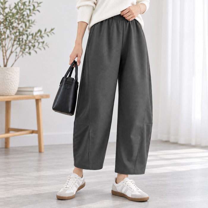 カーブパンツ バレルパンツ レディース ジョーゼット ウエストゴム 秋 冬 通年 黒 無地 低身長 高身長 ゆったり ポケット ボトムス ^b534^ | uricca | 03
