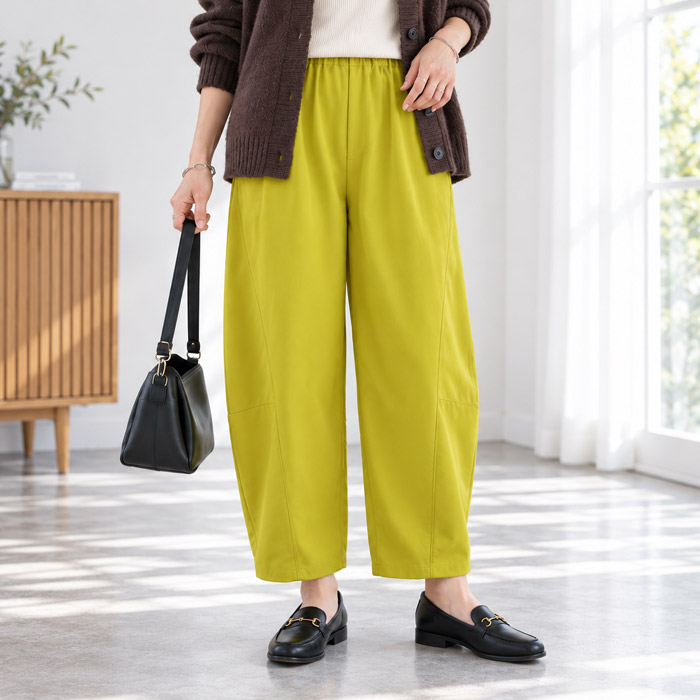 カーブパンツ バレルパンツ レディース ジョーゼット ウエストゴム 秋 冬 通年 黒 無地 低身長 高身長 ゆったり ポケット ボトムス ^b534^ | uricca | 07