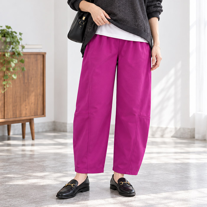 カーブパンツ バレルパンツ レディース ジョーゼット ウエストゴム 秋 冬 通年 黒 無地 低身長 高身長 ゆったり ポケット ボトムス ^b534^ | uricca | 05
