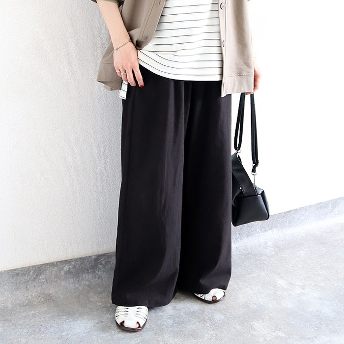 ボトムス レディース ワイドパンツ 夏 黒 無地 薄手 涼しい おしゃれ 麻風 綿混 コットン混 ウエストゴム ポケット付 洗いざらし ^b537^ | uricca | 02