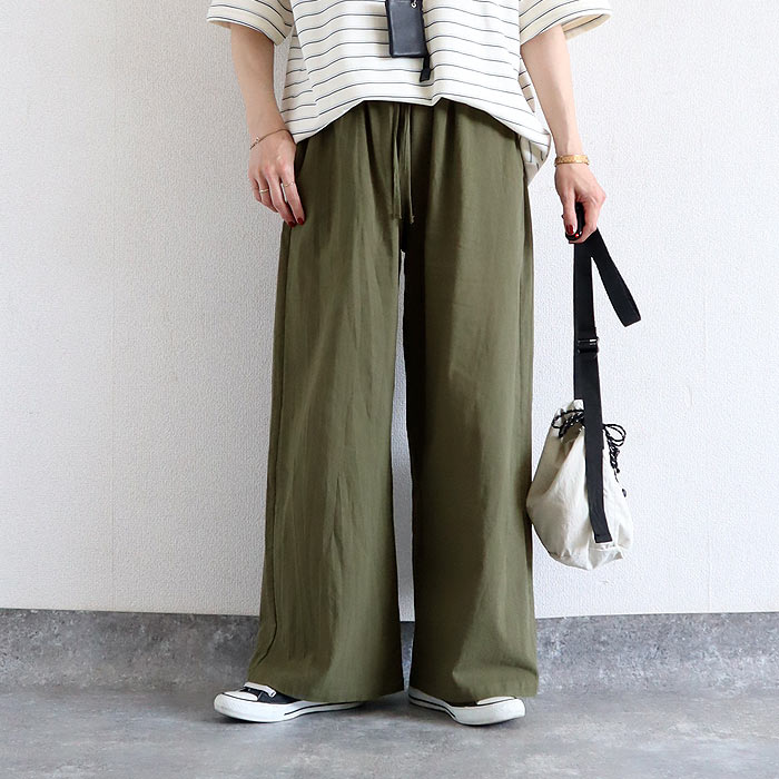 ボトムス レディース ワイドパンツ 夏 黒 無地 薄手 涼しい おしゃれ 麻風 綿混 コットン混 ウエストゴム ポケット付 洗いざらし ^b537^ | uricca | 08