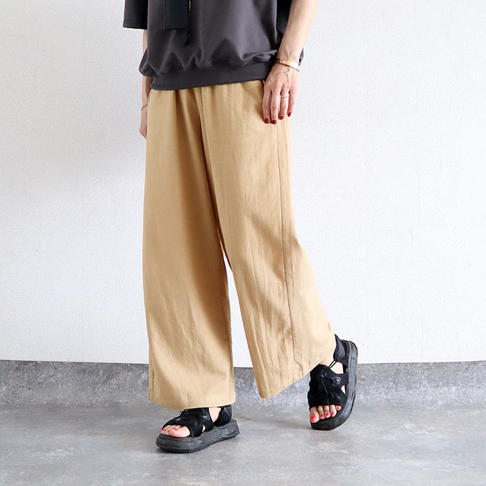 ボトムス レディース ワイドパンツ 夏 黒 無地 薄手 涼しい おしゃれ 麻風 綿混 コットン混 ウエストゴム ポケット付 洗いざらし ^b537^ | uricca | 05