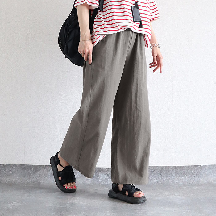ボトムス レディース ワイドパンツ 夏 黒 無地 薄手 涼しい おしゃれ 麻風 綿混 コットン混 ウエストゴム ポケット付 洗いざらし ^b537^ | uricca | 03