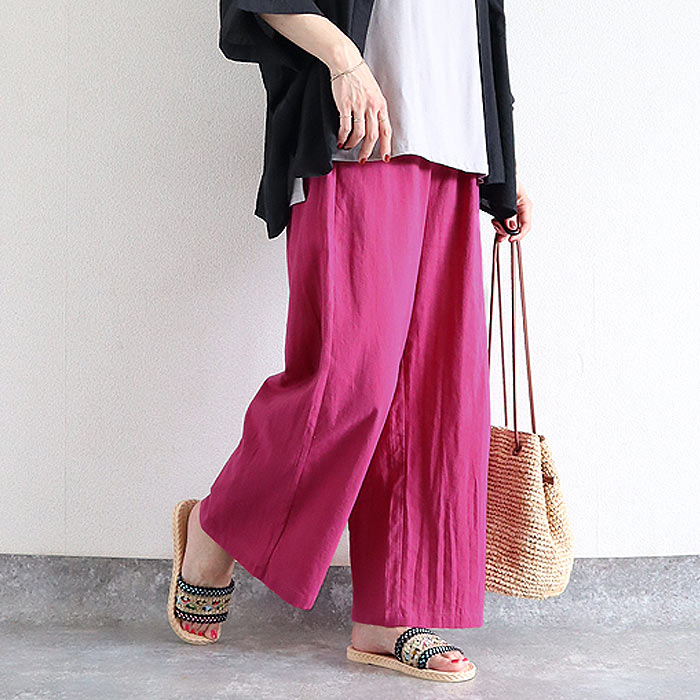 ボトムス レディース ワイドパンツ 夏 黒 無地 薄手 涼しい おしゃれ 麻風 綿混 コットン混 ウエストゴム ポケット付 洗いざらし ^b537^ | uricca | 11