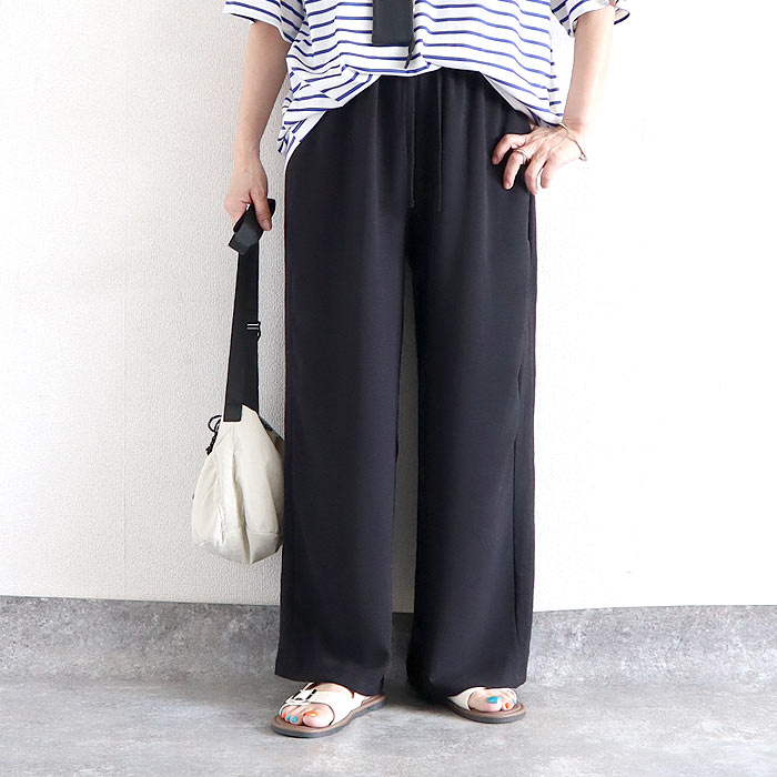 ボトムス レディース ワイドパンツ 夏 黒 無地 薄手 涼しい おしゃれ シワ加工 通気性 速乾性 ウエストゴム ポケット付 ^b538^ | uricca | 01
