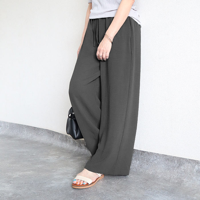 ボトムス レディース ワイドパンツ 夏 黒 無地 薄手 涼しい おしゃれ シワ加工 通気性 速乾性 ウエストゴム ポケット付 ^b538^ | uricca | 02
