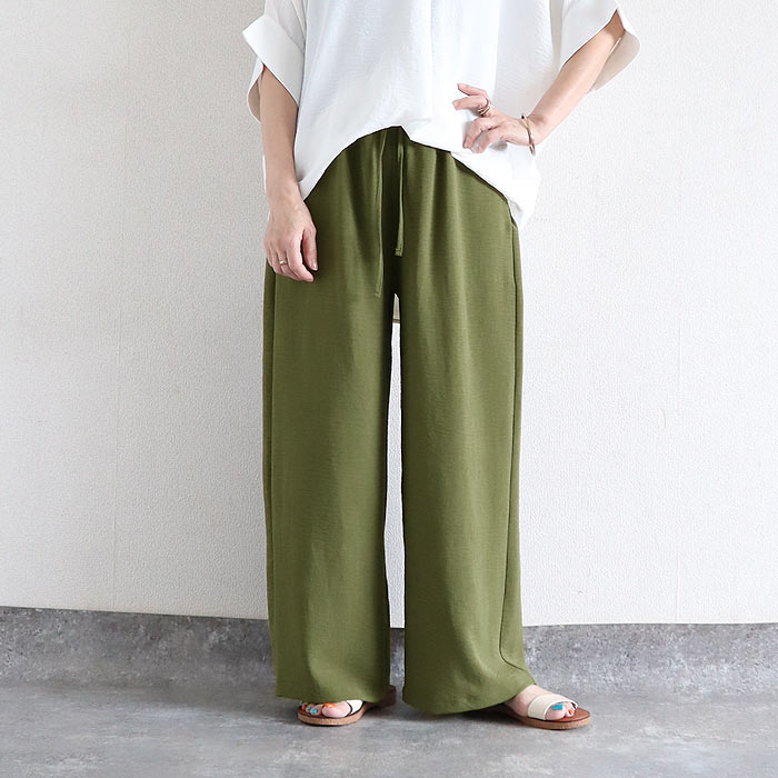 ボトムス レディース ワイドパンツ 夏 黒 無地 薄手 涼しい おしゃれ シワ加工 通気性 速乾性 ウエストゴム ポケット付 ^b538^ | uricca | 03