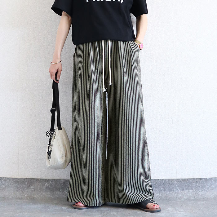 ボトムス レディース ワイドパンツ 夏 白 黒 ストライプ 薄手 涼しい 涼感 おしゃれ 体型カバー ウエストゴム ポケット付 ^b540^ | uricca | 04