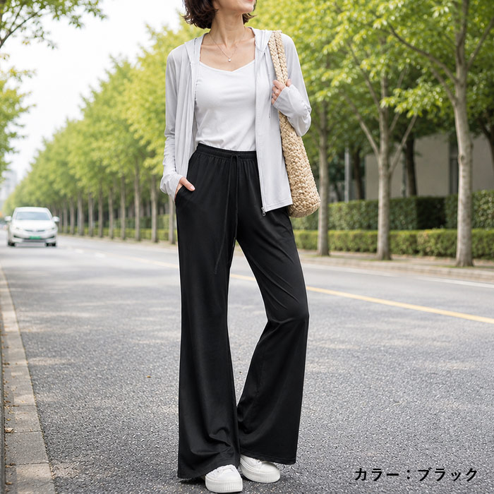 1992円 クーポンで！ パンツ レディース ボトムス 冷感 接触冷感 ひんやり ストレッチパンツ 伸縮性 細見え 体型カバー 夏 黒 おしゃれ^b544^ | uricca | 09