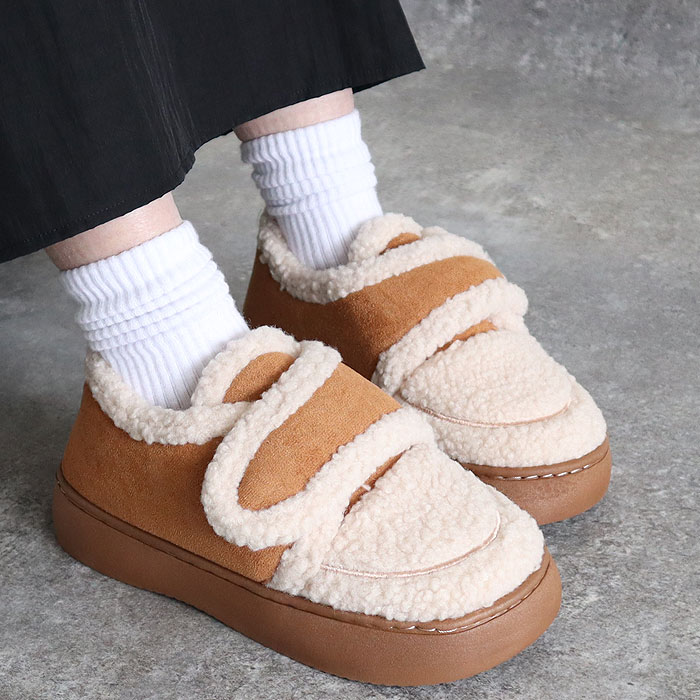 シューズ ブーツ レディースボア 裏起毛 ローファー風 フラット 冬 もこもこ ふわふわ あったか 保温 防寒 かわいい 韓国風 [宅配]^bo-968^ | uricca | 01