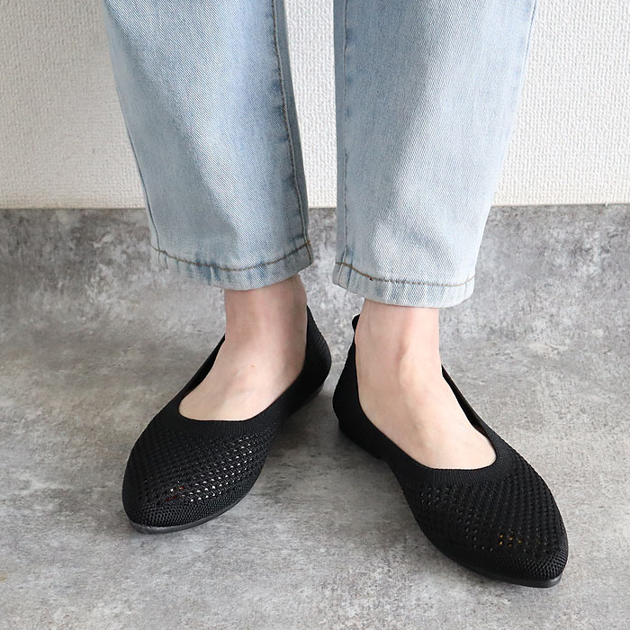 靴 レディース シューズ ニットパンプス メッシュ編み 春 夏 黒 おしゃれ 歩きやすい シンプル ポインテッドトゥ 通学 通勤 30代 40代 50代 60代^bo-971^ | uricca | 01
