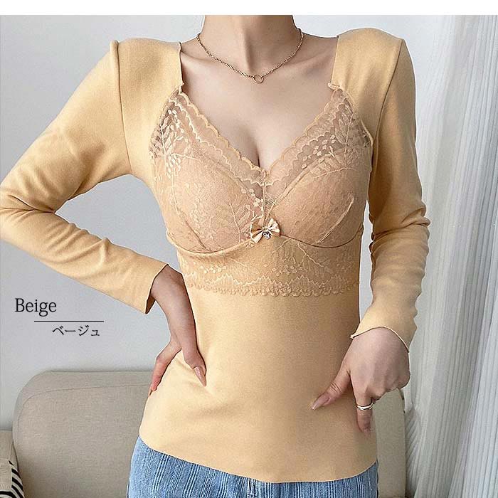 1596円 クーポンで！ tシャツ インナー 長袖 レディース 秋 冬 黒 おしゃれ Vネック 肌着 下着 保温 防寒 極暖 レース リボン [郵3]^i023^ | uricca | 20