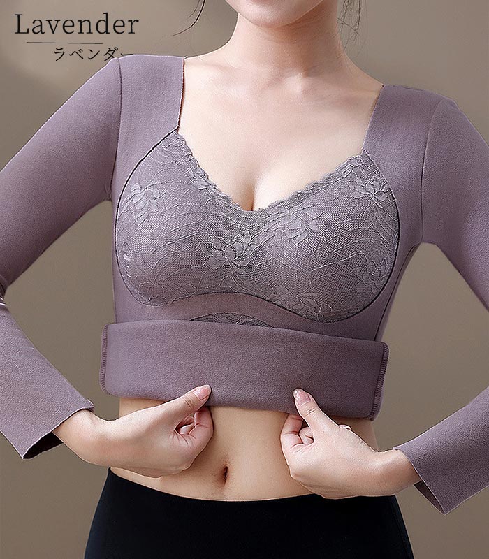 1596円 クーポンで！ tシャツ インナー 長袖 レディース 秋 冬 黒 おしゃれ Vネック 肌着 下着 保温 防寒 極暖 レース リボン [郵3]^i023^ | uricca | 25