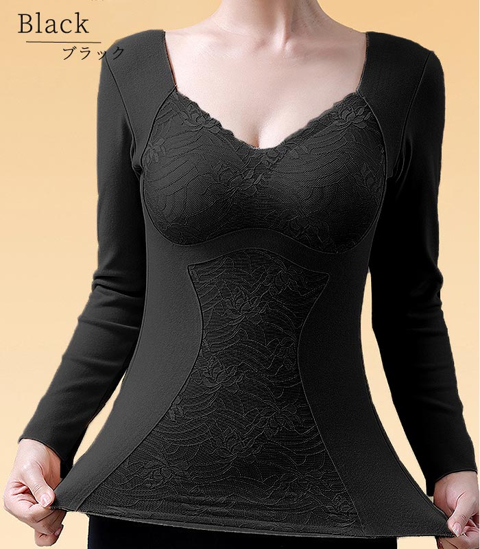 1596円 クーポンで！ tシャツ インナー 長袖 レディース 秋 冬 黒 おしゃれ Vネック 肌着 下着 保温 防寒 極暖 レース リボン [郵3]^i023^ | uricca | 28