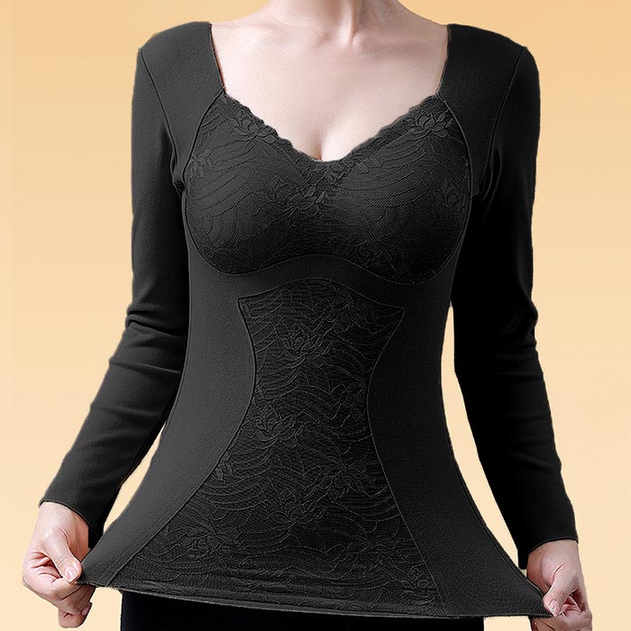 1596円 クーポンで！ tシャツ インナー 長袖 レディース 秋 冬 黒 おしゃれ Vネック 肌着 下着 保温 防寒 極暖 レース リボン [郵3]^i023^ | uricca | 06