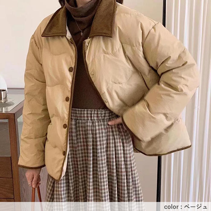 アウター レディース コート 中綿ジャケット 冬 白 黒 ショート丈 軽量 バイカラー 切り替えデザイン 保温 あったか^jk221^ | uricca | 11