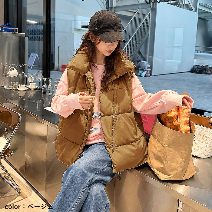 アウター レディース ベスト ダウンベスト 中綿ベスト 秋 冬 白 黒 ボリューム襟 ドローコード ゆったり 極暖 保温 あったか ^jk225^ | uricca | 18